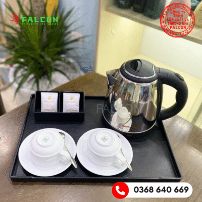 Bộ ấm siêu tốc rẻ, đẹp, bền có bộ tách và khay trà 2 ngăn.