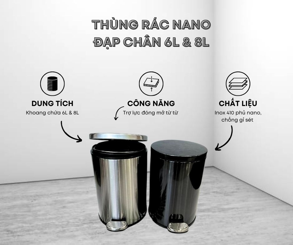 Thùng rác nano hình tròn 6 - 8 lít