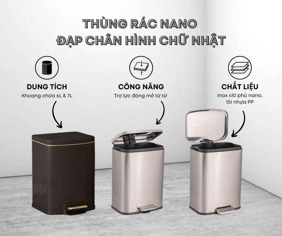 Thùng rác nano đạp chân hình chữ nhật