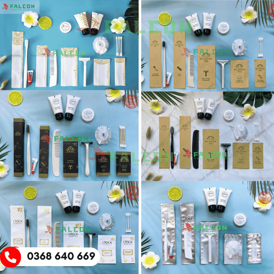 Bộ đồ dùng khách sạn dùng 1 lần gồm bàn chải, dầu gội, xà phòng