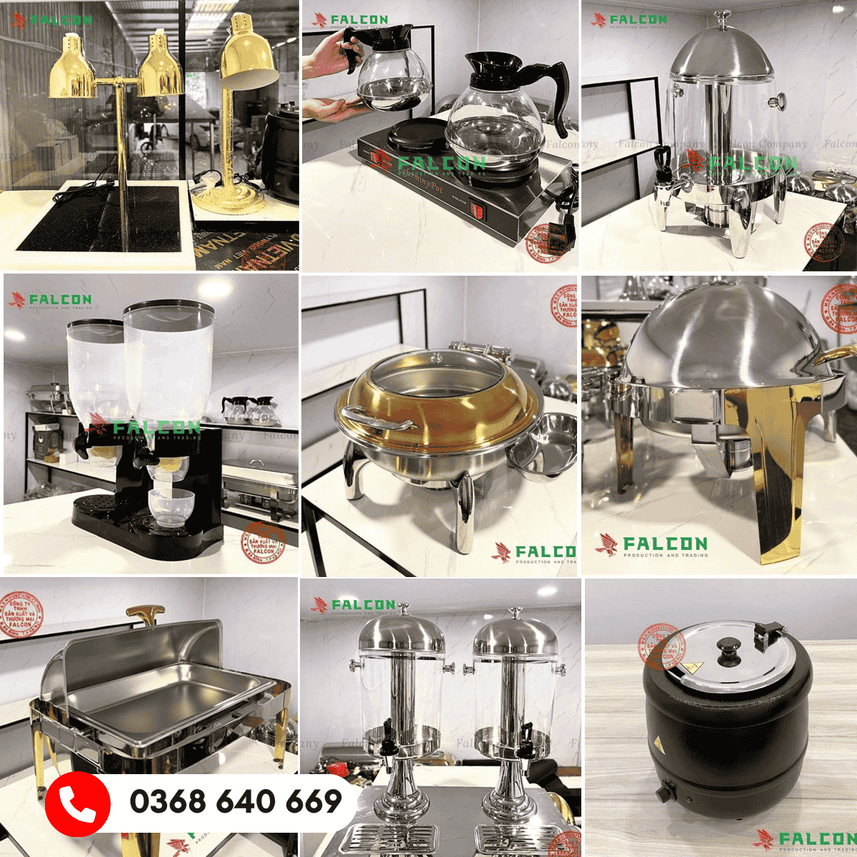 Dụng cụ buffet khách sạn gồm khay hâm nóng và bình nước trái cây